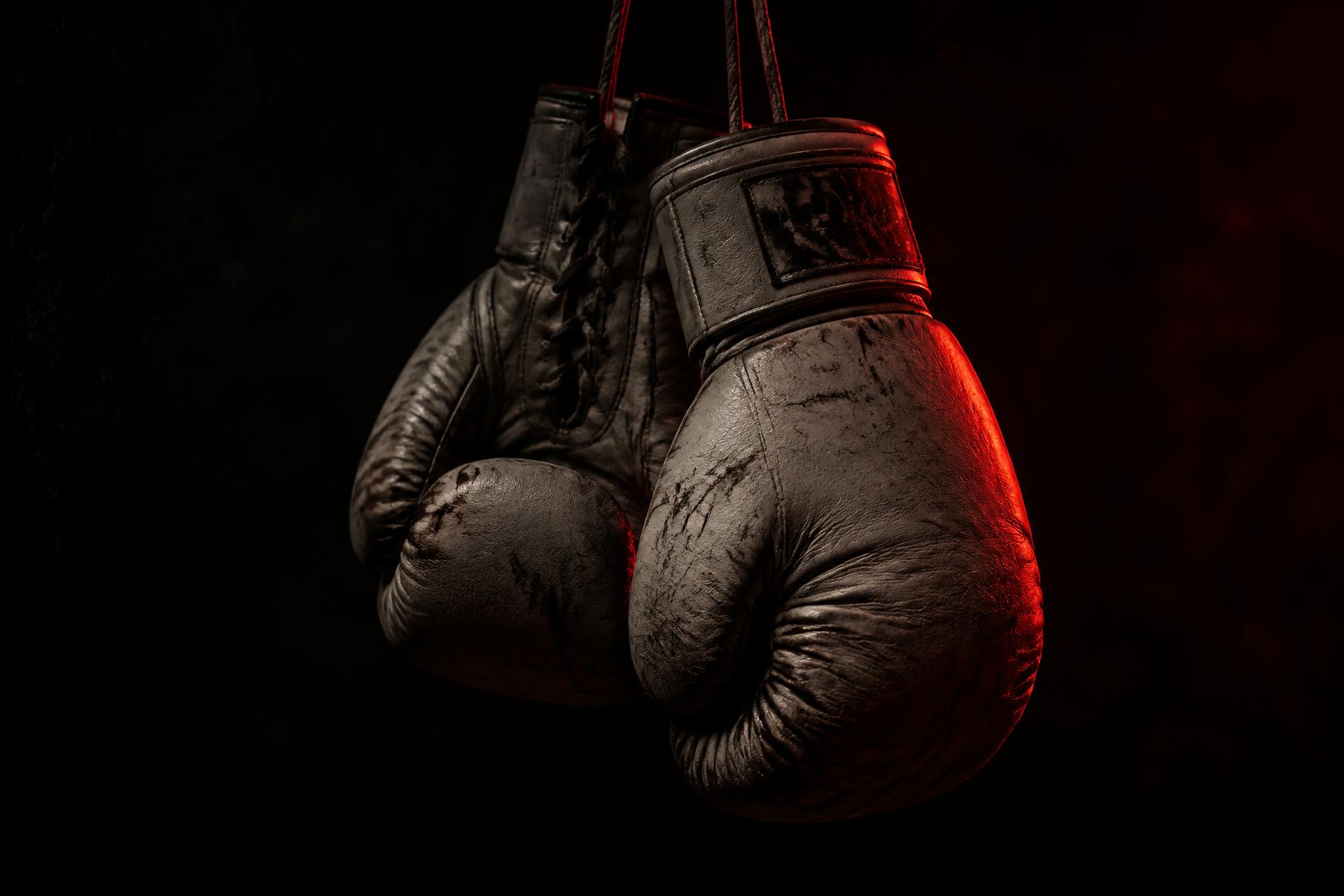Worn boxing gloves hanging in the dark